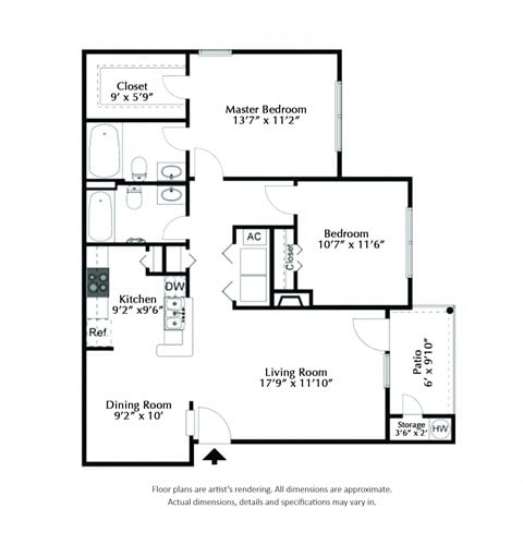 Floor plan for 2 beds, 2 baths, 1027 sqft